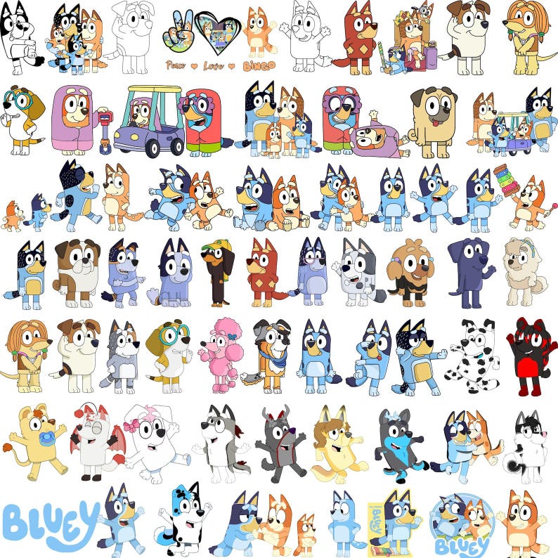Pode incluir: Uma cole&ccedil;&atilde;o de adesivos coloridos de c&atilde;es de desenho animado apresentando v&aacute;rios personagens da s&eacute;rie Bluey em diferentes poses, roupas e atividades, incluindo o texto Peace Love Bingo e o logotipo Bluey em letras azul-claras.