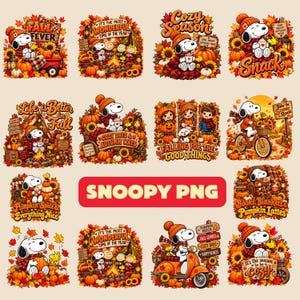 Pode incluir: Uma coleção de ilustrações digitais apresentando Snoopy em várias cenas de outono com abóboras, girassóis e folhagens. Os designs incluem textos como Fall Fever, Cozy Season, Life is Better in Fall e Snoopy PNG em um fundo claro.
