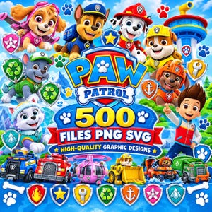 Pode incluir: Um gráfico digital com personagens da Patrulha Pata, incluindo Skye, Chase, Marshall, Rubble, Zuma, Everest e Ryder. O texto central diz PAW PATROL 500 FILES PNG SVG HIGH-QUALITY GRAPHIC DESIGNS, rodeado por vários veículos e ícones de personagens.