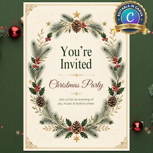 Puede incluir: Una tarjeta de invitación para fiesta de Navidad de color crema con una corona ovalada central de ramas de pino, bayas de acebo y piñas. El texto dice: You're Invited, Christmas Party, Join us for an evening of joy, music & festive cheer.