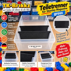 Op de afbeelding: Een doorzichtige plastic opbergbak met twee zwarte rechthoekige verdelers. De bak is voorzien van een wit label met een streepjescode en de tekst S0047. De afbeelding bevat Duitse tekst zoals TK-Brikkz, Teiletrenner für Stanley Magazine gross en Mehr Ordnung. Mehr Zeit zum Bauen.