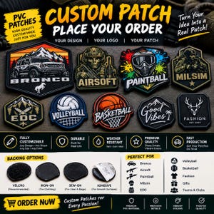 May include: A collection of custom PVC patches featuring various designs including a Bronco vehicle, Airsoft soldier, Paintball mask, basketball, volleyball, and deer logo. The display includes text labels, backing options, and order information.