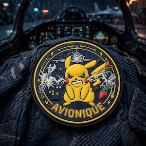 Pode incluir: Um emblema circular com um personagem Pikachu amarelo e zangado no centro, ladeado por uma chave inglesa prateada e um míssil, com o texto AVIONIQUE na parte inferior. O design inclui relâmpagos e a silhueta de um avião de caça.