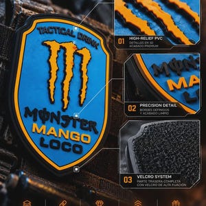 以下が含まれることがあります： 青い背景に黄色のモンスターロゴと「TACTICAL DRINK MONSTER MANGO LOCO」の文字がデザインされた盾型のタクティカルパッチ。パッチには黒い縁取りがあり、裏面には取り付け用の黒い面ファスナーが付いています。