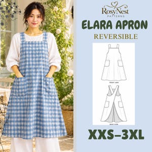 May include: A blue and white gingham apron with two front pockets, labeled Elara Apron Reversible by RosyNest Patterns. The design includes a technical line drawing showing front and back views, with available sizing listed as XXS-3XL.