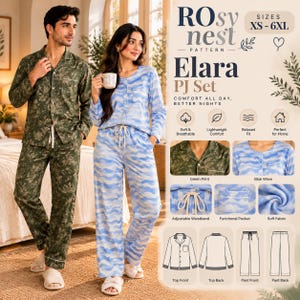 May include: A pajama set featuring a green long-sleeve button-down shirt and matching pants with a forest print, alongside a blue long-sleeve shirt and pants with a wave pattern. Includes text: Rosy nest pattern, Elara PJ Set, sizes XS-6XL.