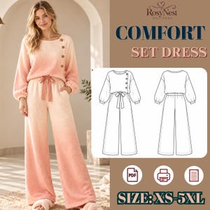 May include: A two-piece lounge set featuring a long-sleeved top with three buttons on the left shoulder and wide-leg pants with a drawstring waist, both in a peach-to-white ombre gradient. Includes a technical line drawing and text: RosyNest Patterns COMFORT SET DRESS SIZE: XS-5XL.