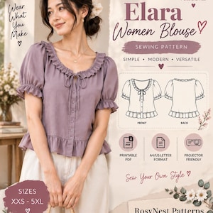 May include: A sewing pattern for the Elara blouse, featuring a mauve short-sleeved top with a ruffled neckline, tie closure, and button front. The document includes technical line drawings of the front and back, size range XXS-5XL, and icons for printable PDF, A4/US letter format, and projector-friendly files by RosyNest Patterns.