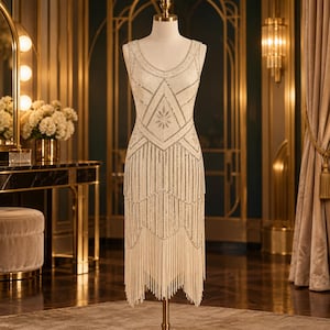 May include: A sleeveless cream-colored dress featuring a scoop neckline and intricate silver beadwork arranged in geometric patterns. The bodice displays a central star motif, while the skirt is adorned with multiple layers of long, flowing fringe.