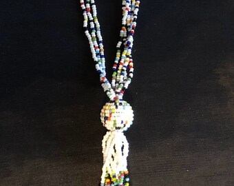 Native Americans Jewelry Beaded Necklace Vintage Long Navajo Seed Beads Tassel Pendant Multi Colored
