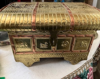 Vintage Jewelry Box Antique Chest Hammered Brass Copper Patina Old Trinket Box