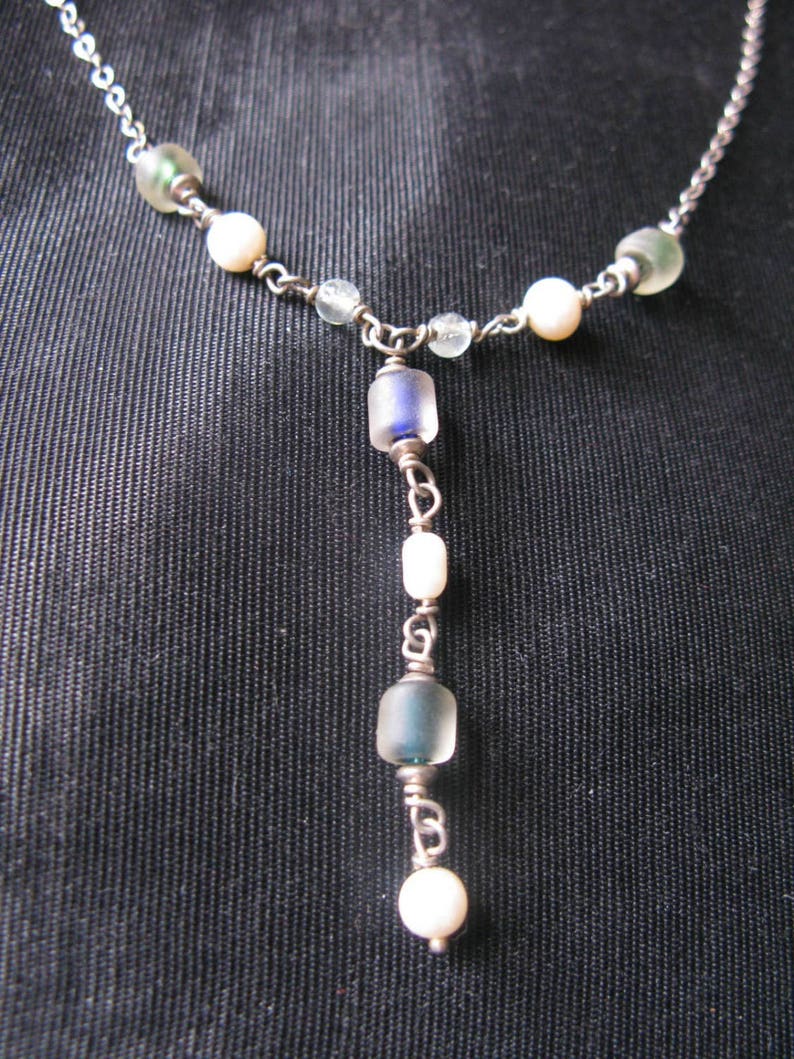 Lariat Necklace Silver Vintage Jewelry Sterling Stamped 925 Pearl Glass Beaded Gift image 2