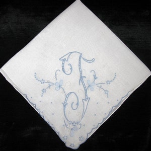 Handkerchief Wedding, Vintage Blue Initial Letter Monogrammed Hankie Gift initial F