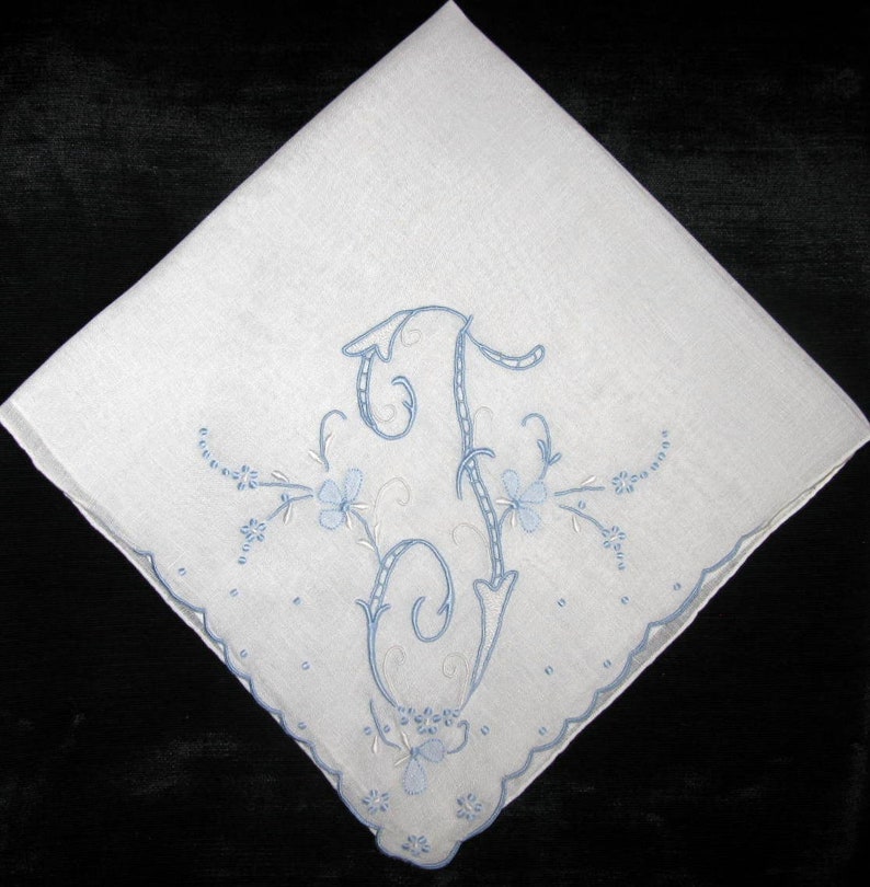 Handkerchief Wedding, Vintage Blue Initial Letter Monogrammed Hankie Gift initial F