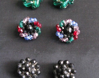 Cluster Earrings Lot Clip On Green Black Multi Color 3 Vintage Cluster Non Pierced Earrings Vintage Beads Gift