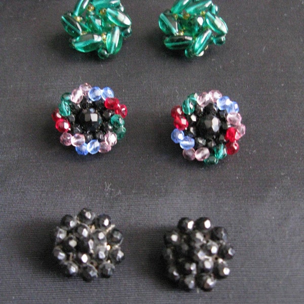 Cluster Earrings Lot Clip On Green Black Multi Color 3 Vintage Cluster Non Pierced Earrings Vintage Beads Gift
