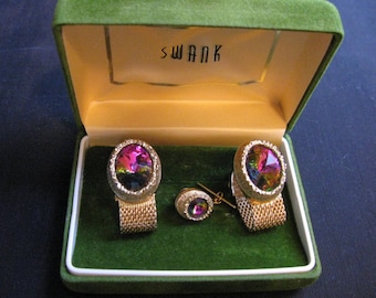 70s Swank Cufflinks / Vintage Cuff link Set / Tie Tac Cuff Links Large Mesh Watermelon Color Rivoli Gem Stone Gift