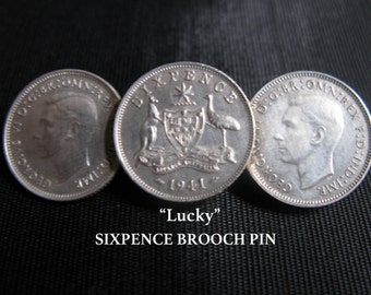 Vintage Wedding Coin Sixpence Six Pence Wedding Something Old, Silver Brooch Pin, Gift for Bride Gift