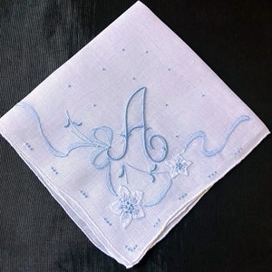 Handkerchief Wedding, Vintage Blue Initial Letter Monogrammed Hankie Gift initial A