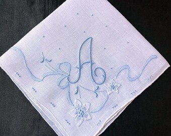 Handkerchief Wedding, Vintage Blue Initial Letter Monogrammed Hankie Gift