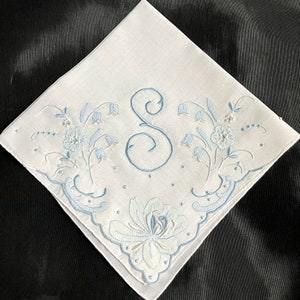 Handkerchief Wedding, Vintage Blue Initial Letter Monogrammed Hankie Gift initial S