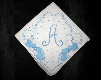 Vintage Madeira Handkerchief | Embroidered Initial Blue Monogrammed | Bridal Gift Hankie Something Old Gift