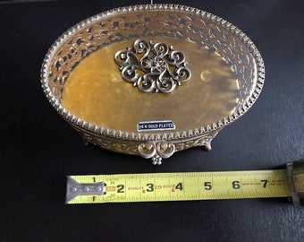 Vintage Matson Vanity Box Glass Oval Trinket Jewelry Keeper 24k Gold Plated Filigree Hollywood Regency Footed Casket Floral Ormolu Gift