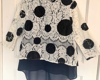 Polka Dot Lace Top Womans Blouse White and Blue Dotted