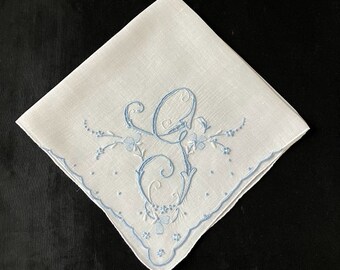 Handkerchief Wedding, Vintage Blue Initial Letter Monogrammed Hankie Gift