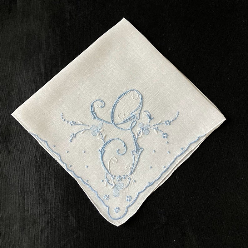 Handkerchief Wedding, Vintage Blue Initial Letter Monogrammed Hankie Gift initial G