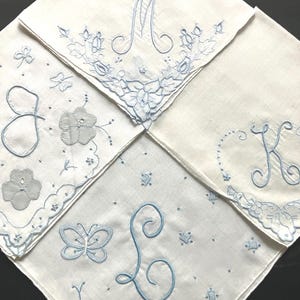 Bridal Gift New Last Name Wedding Handkerchief Vintage Madeira Embroidered Initial Letter Monogrammed Hankie Something Old New and Blue