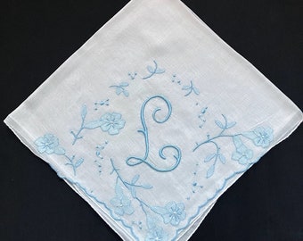 Bridal Shower Gift | For Bride Handkerchief | Vintage Hankie | Blue Embroidered Wedding Hankerchiefs Personalized Gift