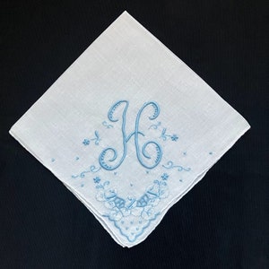 Handkerchief Wedding, Vintage Blue Initial Letter Monogrammed Hankie Gift initial H