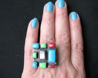 Modern Jewerly Statement Rings Big Vintage Square Chunky Ring Silver Colorful Gemstones Geometric Women Multicolor Gift for Her