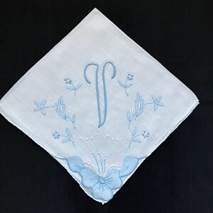 Handkerchief Wedding, Vintage Blue Initial Letter Monogrammed Hankie Gift initial V
