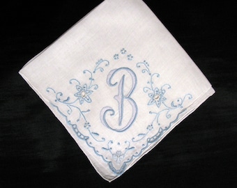 Handkerchief Wedding, Vintage Blue Initial Letter Monogrammed Hankie