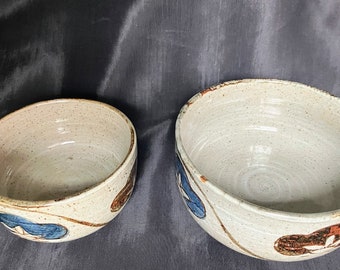 Otagiri Stoneware Japan Vintage Greige Poppy Flower Round Bowl 2 Available 7 and 5 inches Japanese Stacking Bowls