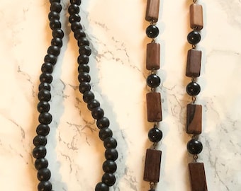 Vintage Wood Beaded Necklaces Set 2 Mid Century Wooden Beads Brown Gift