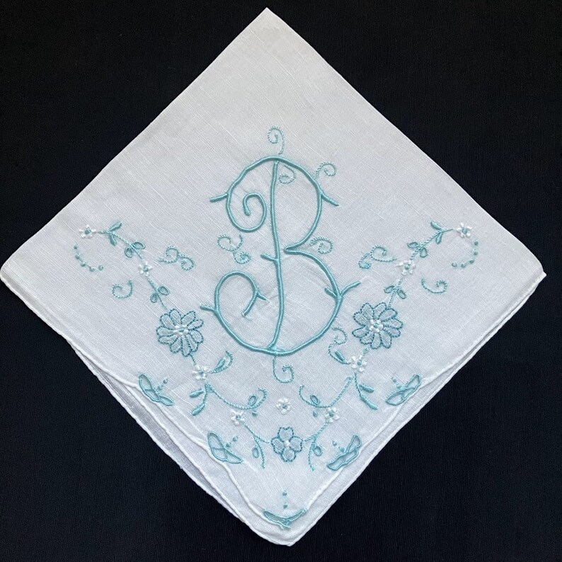 Handkerchief Wedding, Vintage Blue Initial Letter Monogrammed Hankie Gift Initial B