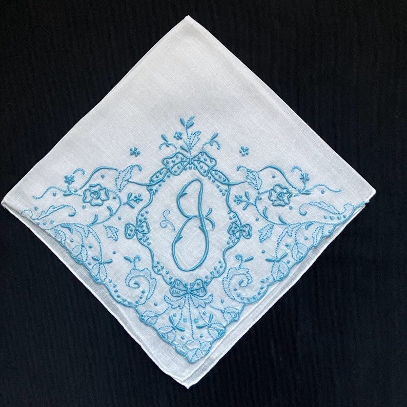 Handkerchief Wedding, Vintage Blue Initial Letter Monogrammed Hankie Gift initial J