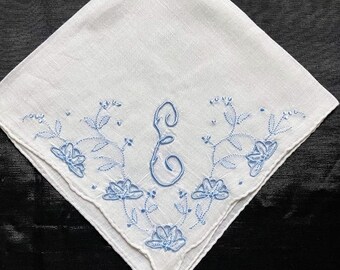 Blue Wedding Handkerchief, Brides Initial Monogrammed Monogram Hankies Vintage B G M E L R D F A or H Gift