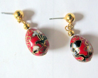 Chinese Cloisonne Enamel Jewelry Earrings | Red Black Vintage | Pierced Dangle Drop Cloisonné Estate Jewelry Gift