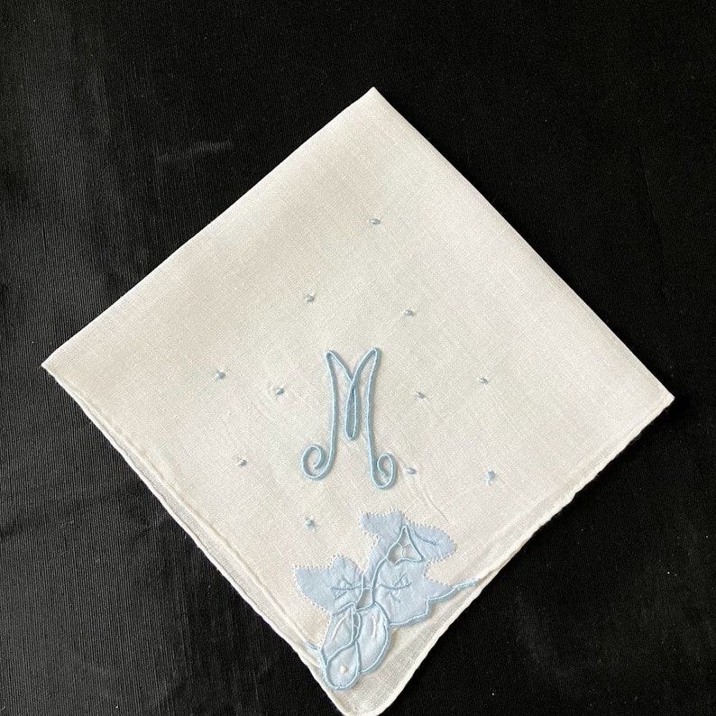 Handkerchief Wedding, Vintage Blue Initial Letter Monogrammed Hankie Gift initial M