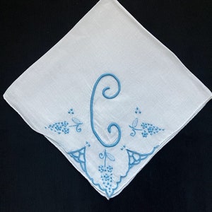 Handkerchief Wedding, Vintage Blue Initial Letter Monogrammed Hankie Gift Initial C