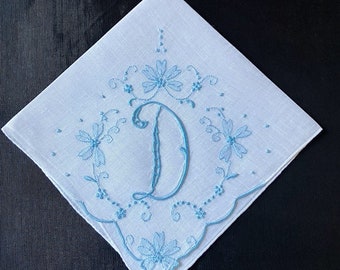Handkerchief Wedding, Vintage Blue Initial Letter Monogrammed Hankie Gift