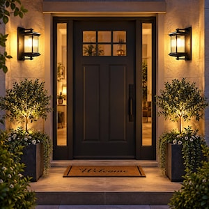 May include: A dark brown front door with a rectangular window pane, flanked by two vertical glass sidelights. Two black wall-mounted lanterns illuminate the entrance. Two potted trees sit on either side of a rectangular doormat with the word Welcome.