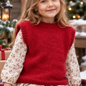 Peut inclure: Un gilet en tricot rouge profond avec un col rond et un ourlet côtelés, porté sur une robe crème à manches longues ornée d'un petit motif floral rouge et vert. Le gilet présente une coupe sans manches simple avec une finition en maille.