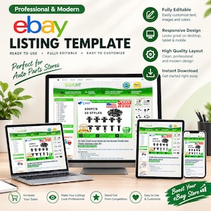 Op de afbeelding: Een digitale eBay-verkoopsjabloon weergegeven op een desktopmonitor, laptop, tablet en smartphone. De sjabloon heeft een groen en wit kleurenschema en toont een productvermelding voor een set van 100 auto-bevestigingsclips.