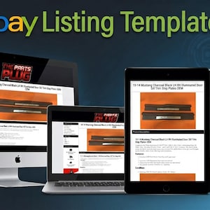 May include: A desktop computer, laptop, tablet, and smartphone displaying an eBay listing template for 10-14 Mustang Charcoal Black LH RH Illuminated Door Sill Trim Step Plates OEM. The screens show product descriptions and images of the car parts.