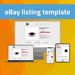 Könnte beinhalten: Eine digitale Anzeige mit einer eBay-Listing-Vorlage auf einem Desktop-Monitor, einem Laptop, einem Smartphone und einem Tablet. Die Bildschirme zeigen eine Produktseite für einen roten und schwarzen Lenkrad-Gel-Aufkleber mit Text.